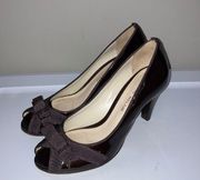 Antonio Melani Darling Brown Patent Leather Open Toe Sparkle Heels 7.5 Ribbon