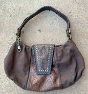 Donald J Pliner Brown Leather Snake Print Studded Shoulder Bag