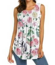 Tank Top Womens XL Floral Rose Summer Pleated Flowy Cami Blouse Tee Comfy A2