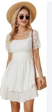 White Dress With Lace Sleeves and Bow Back