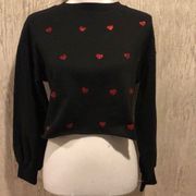 Beach Riot Black Cropped Sweatshirt with Red Glitter Hearts, Size Large