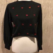 Beach Riot  Black Cropped Sweatshirt with Red Glitter Hearts, Size Large