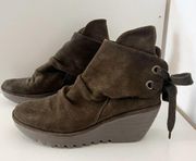 Fly London Yama Wedge Bootie Suede Slouchy Leather Ankle Boots Sludge Brown