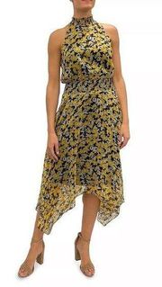 Sam Edelman Floral Yellow and Black Smocked High Waist Dress