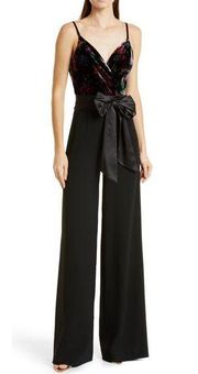 Ramy Brook Paige Floral Velvet Jumpsuit Satin Bow Women's 4 Black Sleeveless NWT