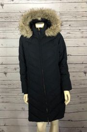 TALBOTS Down Puffer Coat in navy with fur trimmed hood size medium