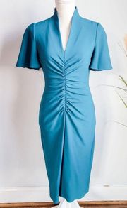 Karen Millen, New Teal Ruched V-Neck Fluted Short Sleeve Pencil Dress Size 6