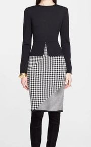 St. John Dress Milano Knit Sheath Peplum Houndstooth Black