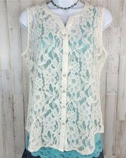 Y2K cream button up sheer floral lace tank top shirt coquette/softgirl/cottagecore