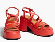 GANNI Leather Platform Sandals Block Heel Strappy Chunky Square Wedge in Papaya