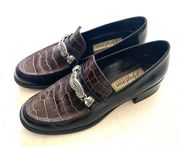 vintage Dawn blk/chestnut polished calf croc heeled loafers