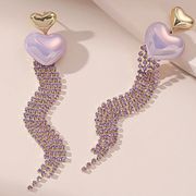 Noir long tassel rhinestone heart shaped drop dangle purple earrings- New