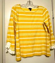 Ann Taylor Womens Yellow Striped 3/4 Sleeve Ruffle Cuff T-Shirt Size M