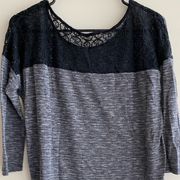 Grey and Black Slub Tee with Drop Shoulder and Circle Lace Back, S