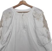 Anthropologie Crochet Embroidered Peasant White Blouse Size Large