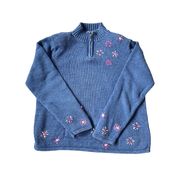 Vintage 90s  Blue Embroidered Floral Knit Pull Over Sweater 🔥