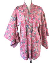 Pink Floral Japanese Yukata Kimono blue Flower Half Sleeve XS S