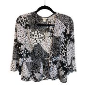 Christopher & Banks Sheer Tie Black and White Patch Work Floral Blouse Size M