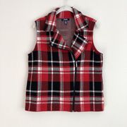 Chaps Womens Red Plaid Vest Size Petite Large Full Zip Heavy Knit Holiday