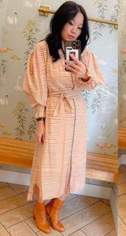 NWT Ulla Johnson Dress Stripe Long Sleeve Belted Fiora Tan Midi Dress Size 2