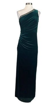 Adrianna Papell Women's Formal Dress Size 2 Green Velvet One Shoulder Long Gown