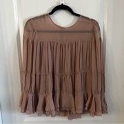 413 Intermix Ruffle Trim Pleated Long Sleeve Mauve Blouse