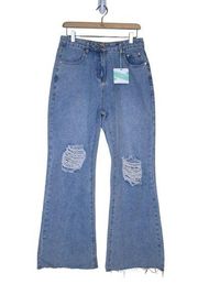 Umgee Womens L High Rise Distressed Flare Jeans NEW