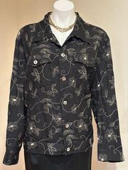 Carole Little Black & Cream Floral Embroidery Jacket Sz 3X Heavy Silver …