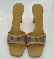 Gucci Vintage Y2K Yellow Leather Monogram Canvas Square Toe Sandal Mules Size 8