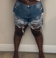 Plus Size Blue Wash Distressed Longline Boyfriend Jean Shorts