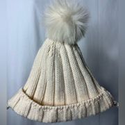 Club Monaco Cream Knit Winter Beanie Hat with Faux Fur Pompoms