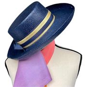 Vintage Navy Blue Straw Fedora with Gold Ribbon Detail by THE ICING