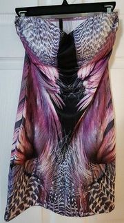 NWOT Tic Toc Pink Multicolor Feather Sweetheart Sleeveless Dress Size Small