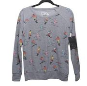 Chaser Knit Top in Vintage Ski Print Heather Gray Crew Neck Long Sleeves S New