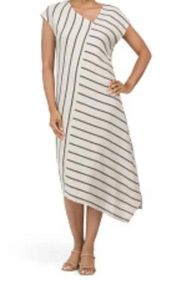 TAHARI Midi Dress Linen Blend Beige with Blue Stripes Asymmetrical Women's sz. L