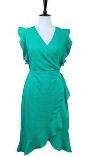 Women's Ruffle Sleeve Asymmetrical Hem Green Faux Wrap Dress Size XS