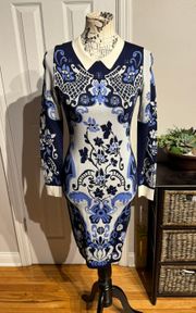 Majolica-print knit slip pencil midi dress Blue Floral long sleeve