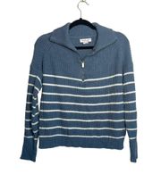 Steel Blue & White Striped Collared Quarter Zip Sweater