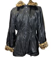 Cavalini jacket reversible Leopard print faux fur or black coat size Large