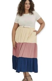 Torrid Cream Pink Blue Colorblock Tiered Woven Long Maxi Skirt Women's Plus Sz 2