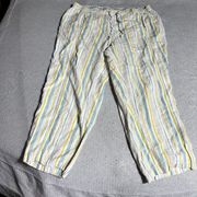 Yellow Cream Blue Vertical Stripe 100% Linen Pull On Summer Pant