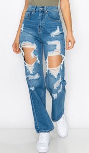 Medium Wash Denim Cut Out Boyfriend Jeans