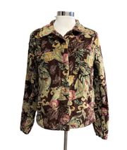 button down blouse faux velvet long sleeve paisley/floral Sz small