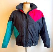 Vintage 80s 90s Profile Colorblock Goose Down Ski Jacket Medium Black Pink Aqua