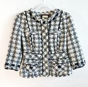 Anthropologie  Blazer Elevenses Snapshot Tweed Jacket Sz 4 Black White Plaid EUC