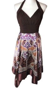 Sangria Satin Handkerchief Style Halter Neck Paisley Fit & Flare Midi Dress