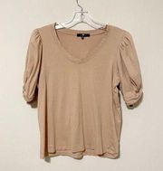 7  For All Mankind Womens Top Size M V-Neck Puff Sleeve Boho Peasant Basic Tan