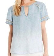 MICHAEL STARS Chambray Linen Blend Shirt Short Sleeve Denim Ombre Medium