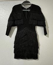 Marciano By Guess Black Mini Flapper Bodycon Fringe Plunge Dress XS Extra Small