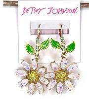Betsey Johnson Iridescent Stone FLOWER EARRINGS 2.5" Dangle Drop Daisy Flowers